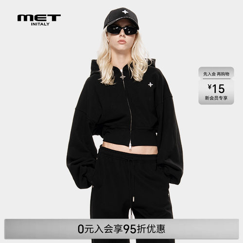 MET initaly麦特美式复古短外套女早春休闲百搭连帽开衫拉链卫衣