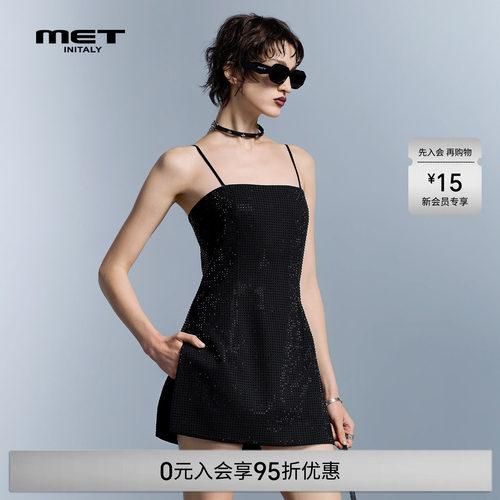 MET initaly美式复古黑色亮片吊带连衣裙女春夏绑带装饰性感短裙