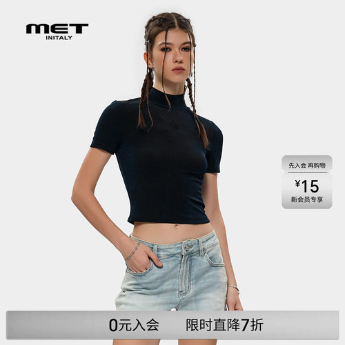 MET initaly复古潮牌黑色短袖T恤女夏季新款简约休闲上衣