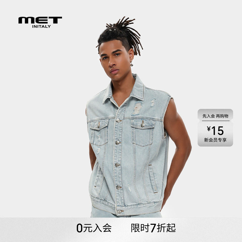 MET initaly复古做旧水洗牛仔背心休闲百搭上衣男夏季新款