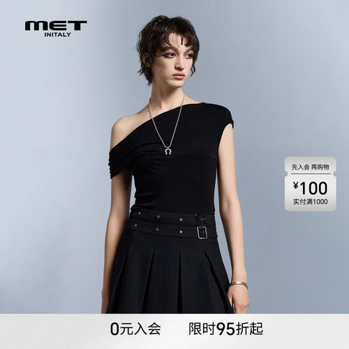 MET initaly春夏新款设计师款斜肩一字领露背T恤女黑色短袖上衣