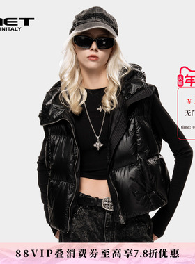 MET initaly麦特时尚潮流冬季新款连帽羽绒马甲女黑色保暖背心