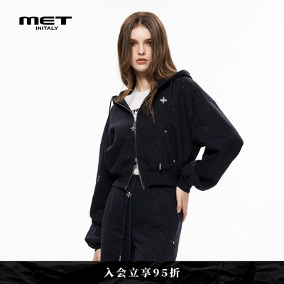 MET initaly麦特早春新款美式潮牌拉链衫连帽卫衣女休闲短外套