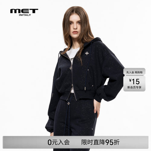 MET initaly麦特早春新款美式潮牌拉链衫连帽卫衣女休闲短外套