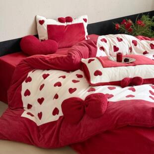 冬天保暖牛奶绒婚庆四件套红色爱心印花珊瑚绒结婚被套床单床笠