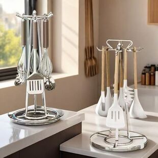 炒勺放置架不锈钢旋转锅铲架厨房置物架台面挂架立式铲汤挂钩收纳