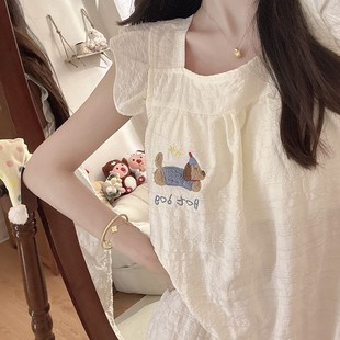 毛巾绣狗狗吊带睡裙女夏季 公主风睡衣甜美连衣裙初 款 泡泡棉小飞袖