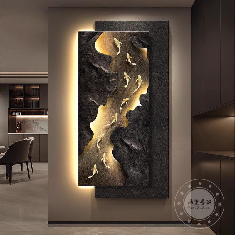 现代轻奢玄关装饰画立体砂岩九鱼寓意好挂画高级入户正对门壁灯画图片