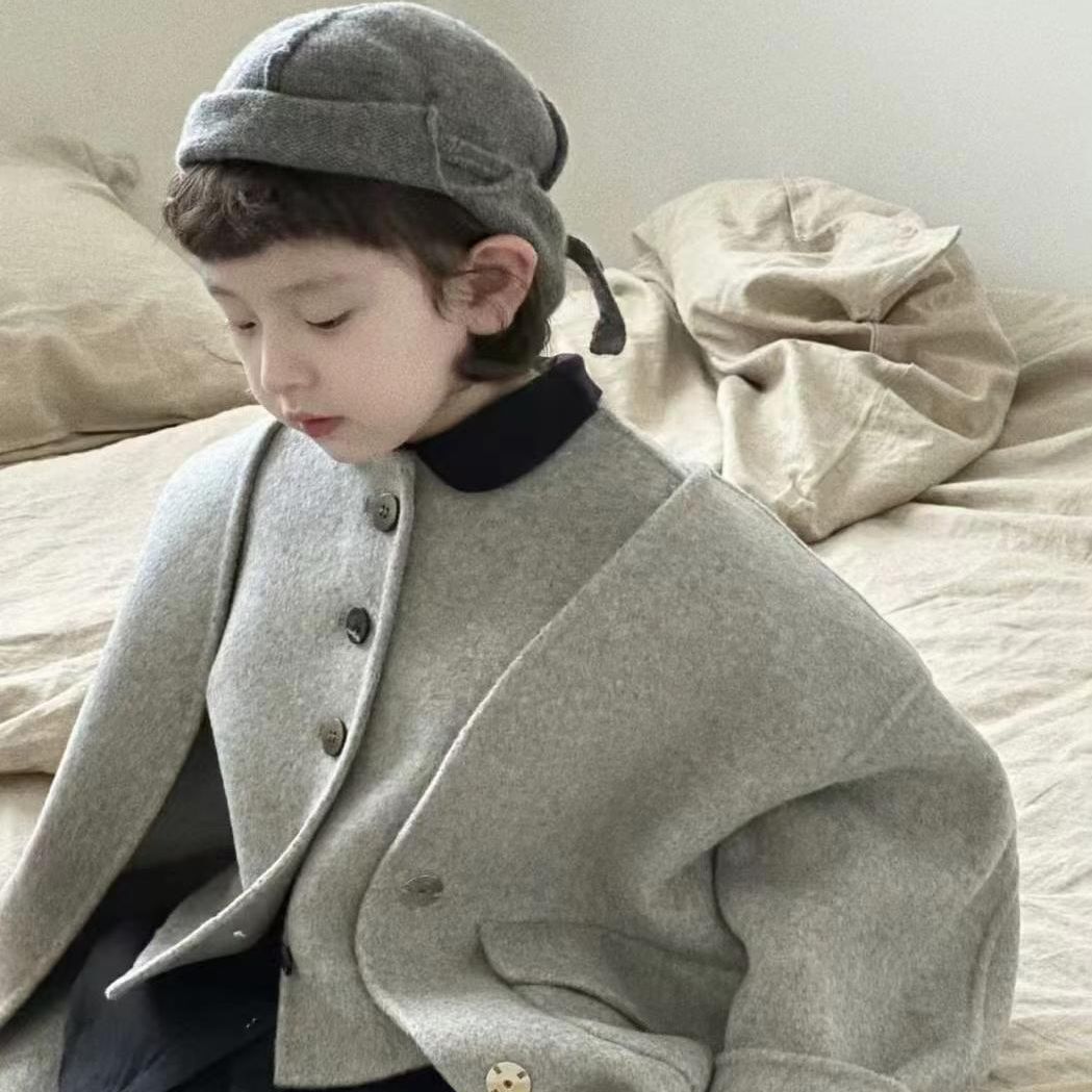 韩版羊毛加厚呢外套女童双面呢子大衣洋气两件套男童韩版童装秋冬