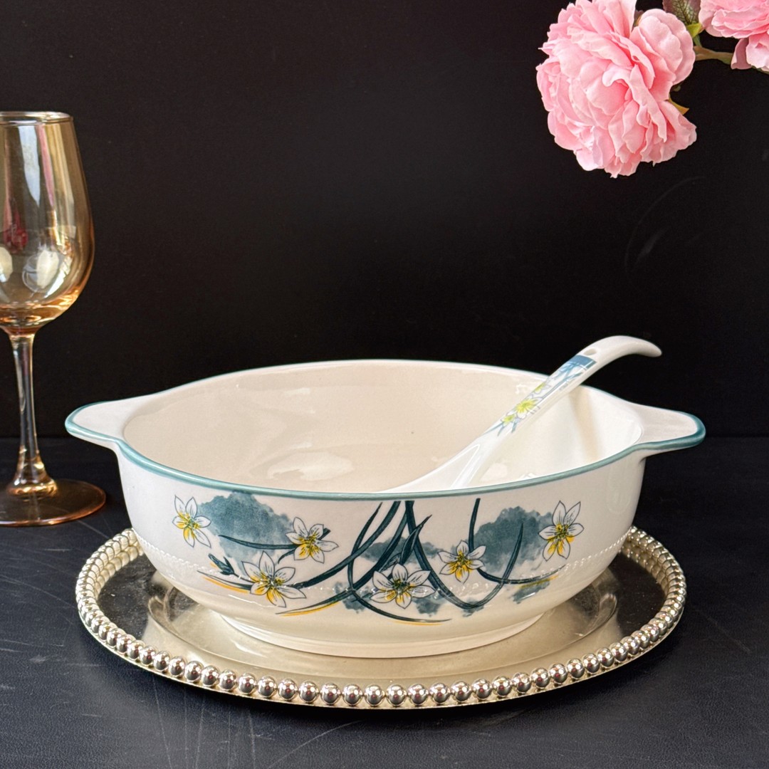 含耳10.5英寸水仙花双耳碗1个送同款汤勺1个 破损联系客服