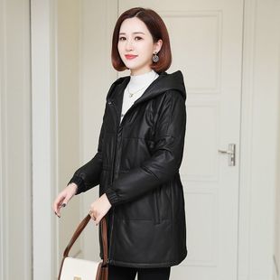 [加棉加厚]2024秋冬新款皮衣连帽外套女PU皮羽绒棉服中长款皮衣