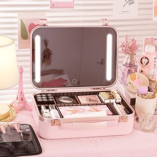 带镜子带灯化妆箱大容量化妆品收纳箱跟妆师手提便携化妆盒纯色