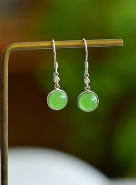 925银和田玉碧玉半圆耳坠21168百搭气质款复古轻奢民族风国风