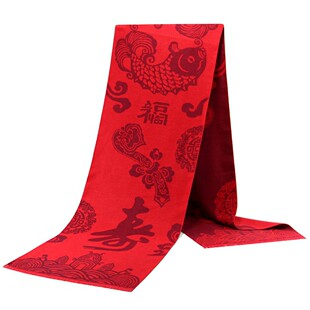 过寿戴的红围巾老人围巾冬季福字长寿红围巾男士红色围巾礼盒装