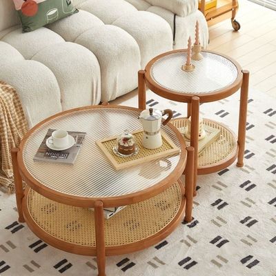 日式茶几客厅家用实木藤编ins长虹玻璃双层圆形简约现代小户型