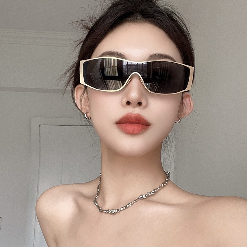 欧美金属连体长方形时髦高级感气质墨镜女款潮防风护目镜骑行镜男