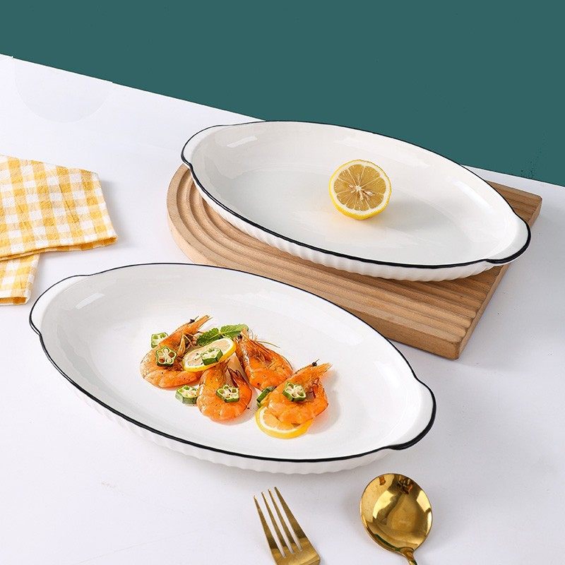 【孟垣】欧式蒸鱼陶瓷釉下彩大号12英寸白色竖纹双耳鱼盘餐盘盘碟,餐饮具,盘,淘宝优惠券,粉丝福利购,淘宝优惠卷