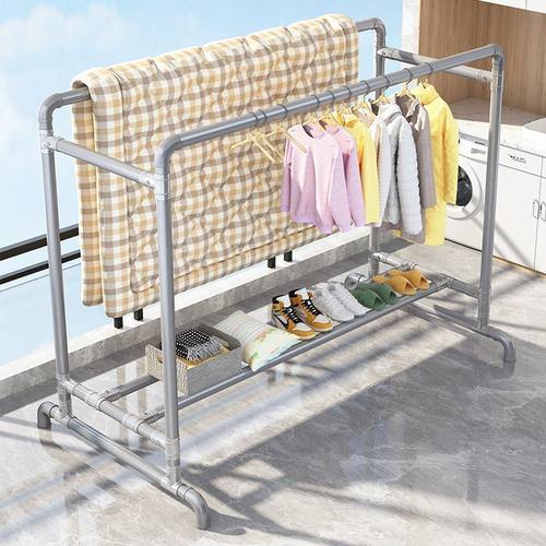 水管晾晒架双杆特粗加厚双排晾衣架落地家用阳台挂衣户外双杆水管