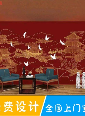 中式红色意境山水阁楼建筑壁画中国风金色线描墙布故宫红古风墙纸