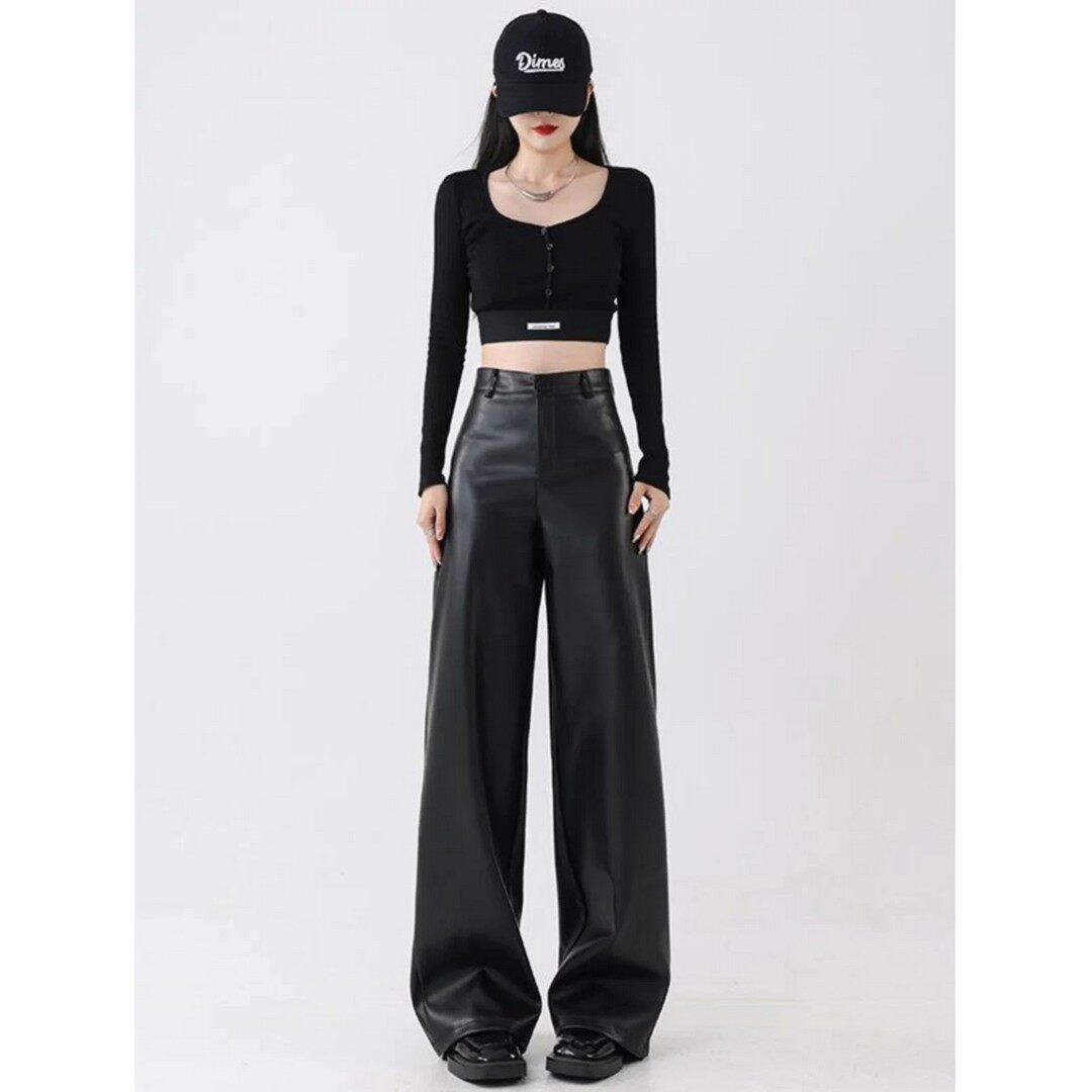 黑色/棕色阔腿裤子女直筒2025年秋冬季皮裤美式复古高腰休闲长裤