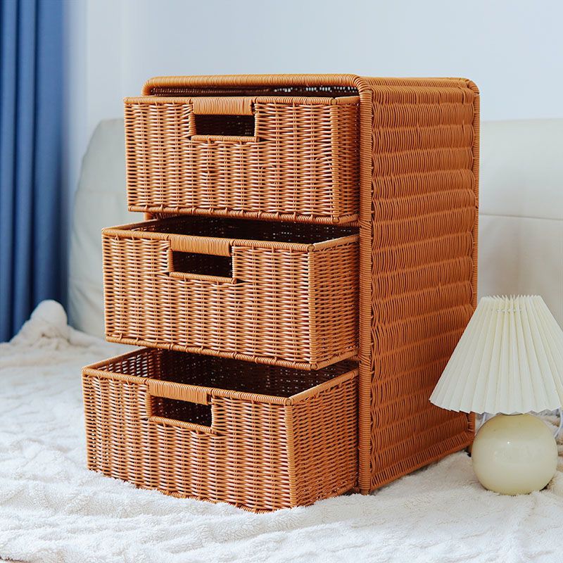 抽屉式床头柜多层床边三层收纳家用仿藤收纳柜编织桌面收纳抽屉