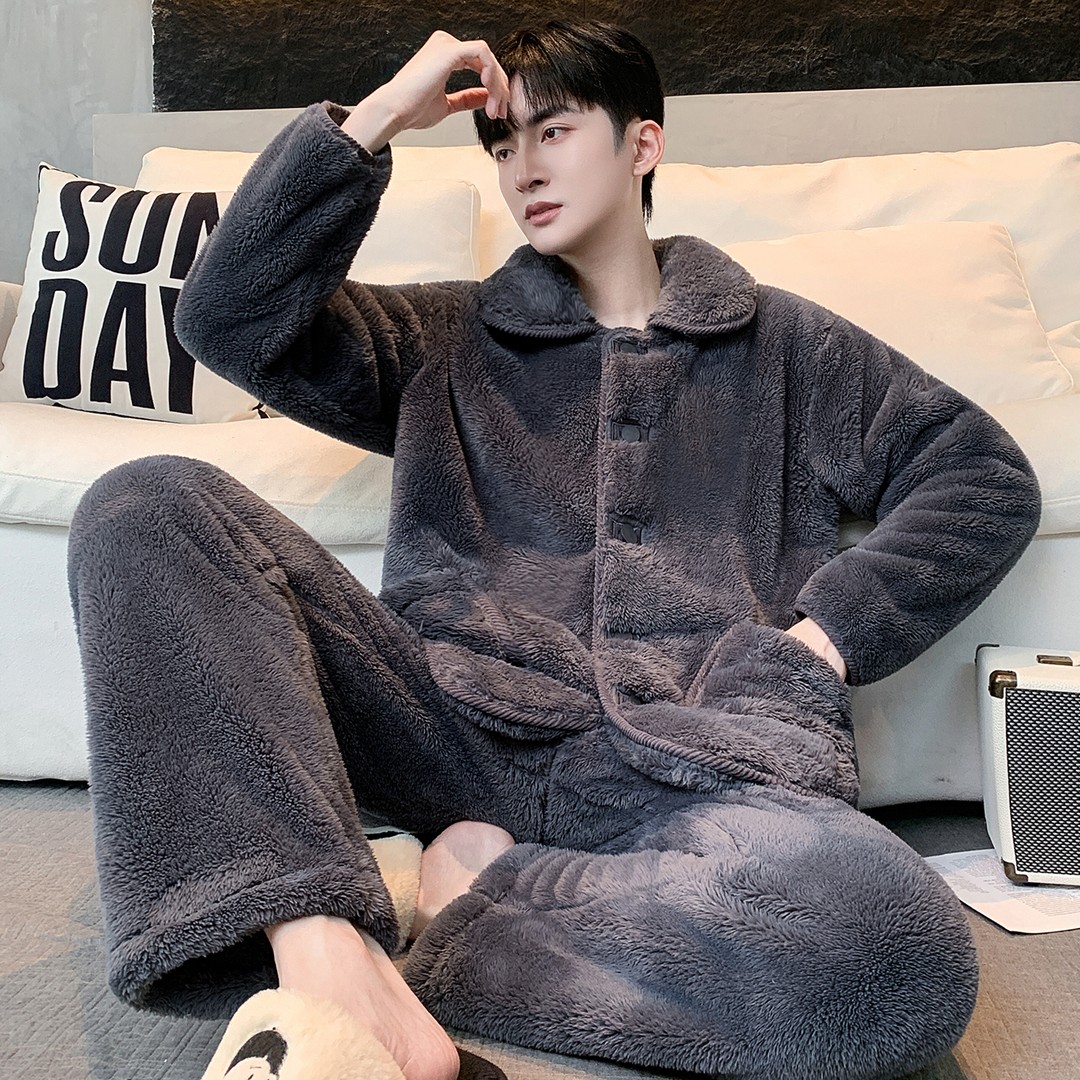 蓄热保暖雪花绒秋冬家居服睡衣套装可外穿男加绒加厚法兰绒