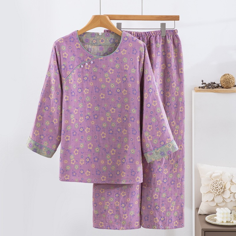 特价BA类全棉色织提花双层纱家居服睡衣复古纯棉睡衣女套装