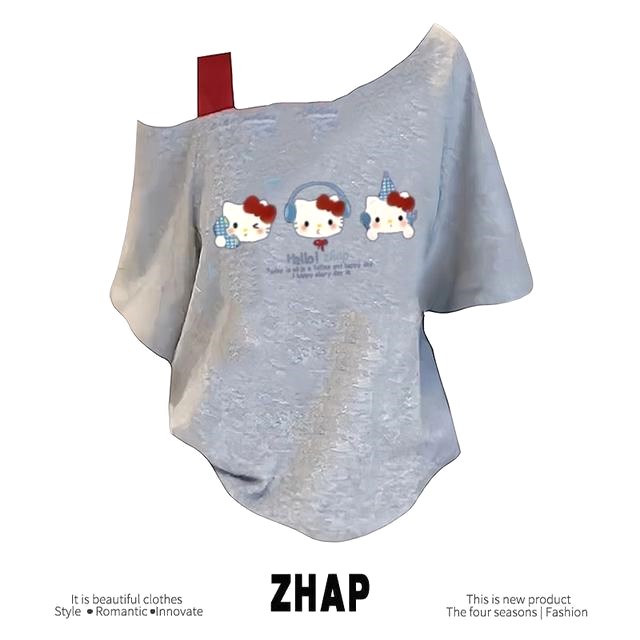 【ZHAP】新款单肩露肩吊带宽松短袖t恤女浅灰色吊带夏季外穿kitty