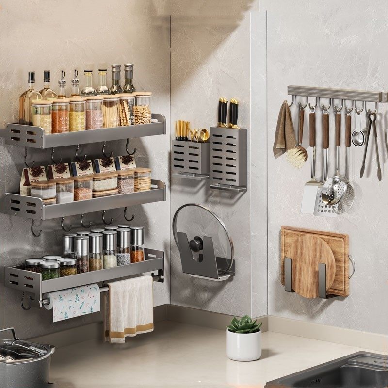 枪灰色厨房置物架免打孔壁挂式刀架加厚调味料家用多功能收纳架子,收纳整理,整理架/置物架/收纳架,淘宝优惠券,粉丝福利购,淘宝优惠卷