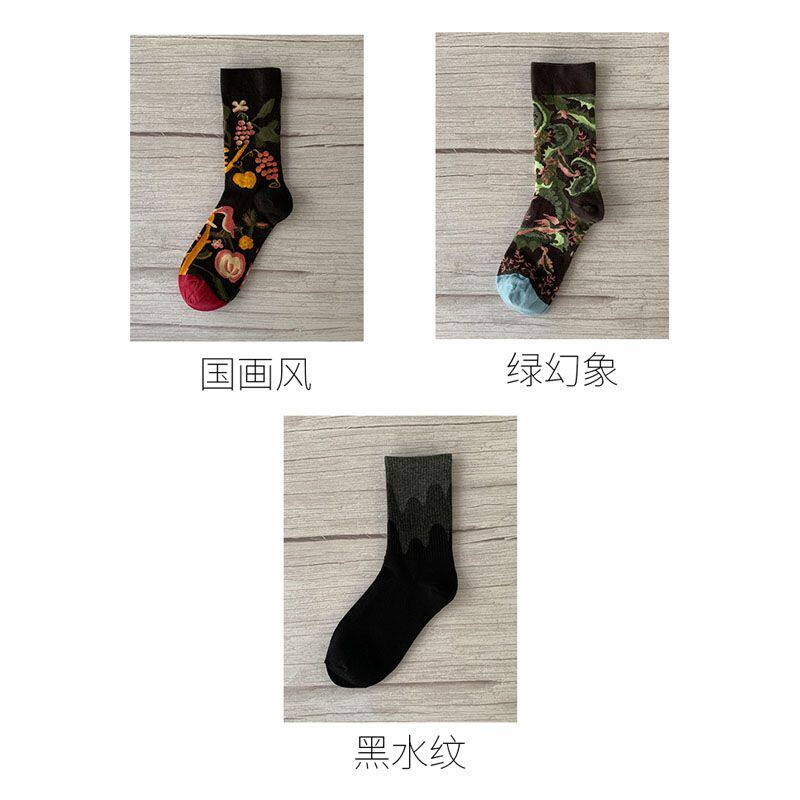 男士民族风复古男袜休闲百搭潮流时尚中筒运动黑色男生长袜黑色