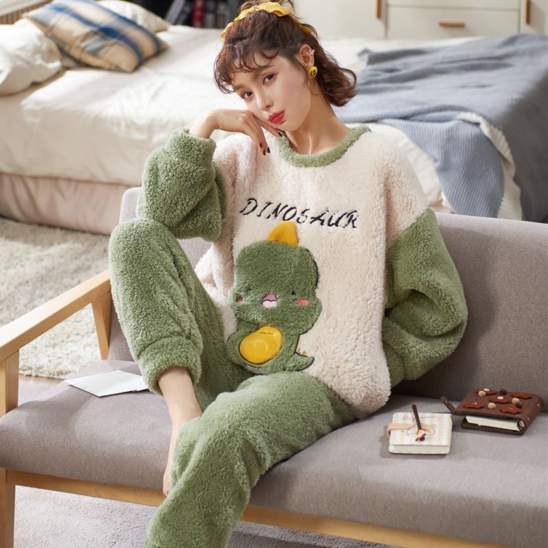 珊瑚绒睡衣女秋冬款加厚加绒卡通法兰绒学生保暖冬季女家居服套装