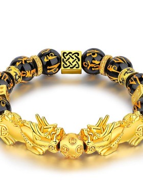 孟加拉赤金男士手黑曜石貔貅男士手六字箴言招财大气佛珠
