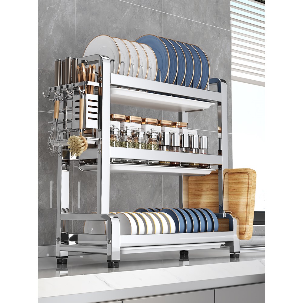 加粗304不锈钢碗碟沥水架台面碗盘碗架加厚厨房放碗筷收纳置物架