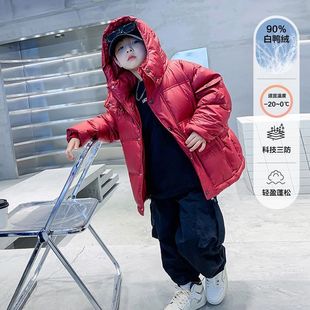 男童羽绒服红色冬装拜年服2025新款中大儿童新年亮面免洗羽绒外套
