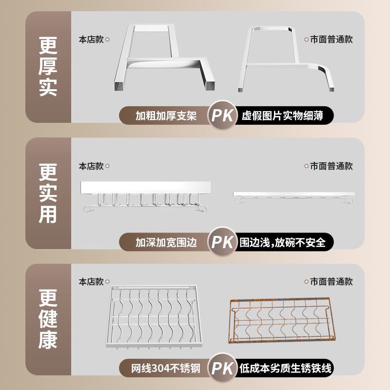 不锈钢碗架三层碗碟沥水架厨房置物架碗盘收纳架子多功能台面碗柜