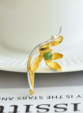 气质款~s925银镶和田玉碧玉时尚胸针10898-4