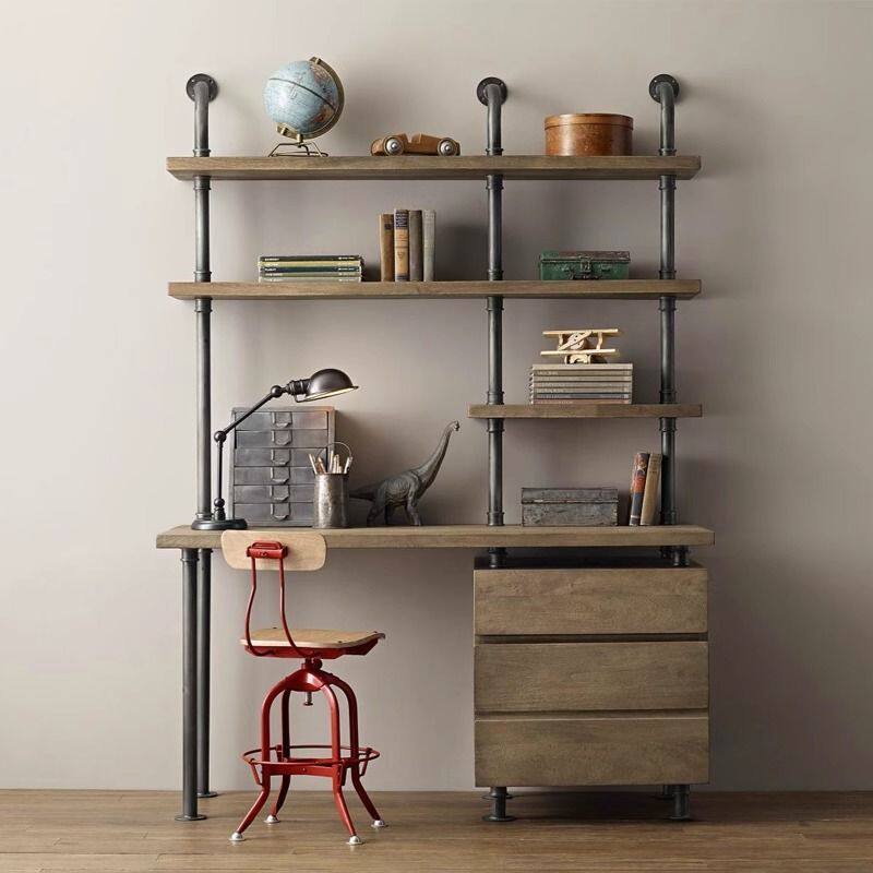 loft工业风复古书柜书桌一体铁艺水管实木办公电脑桌书桌书架组合