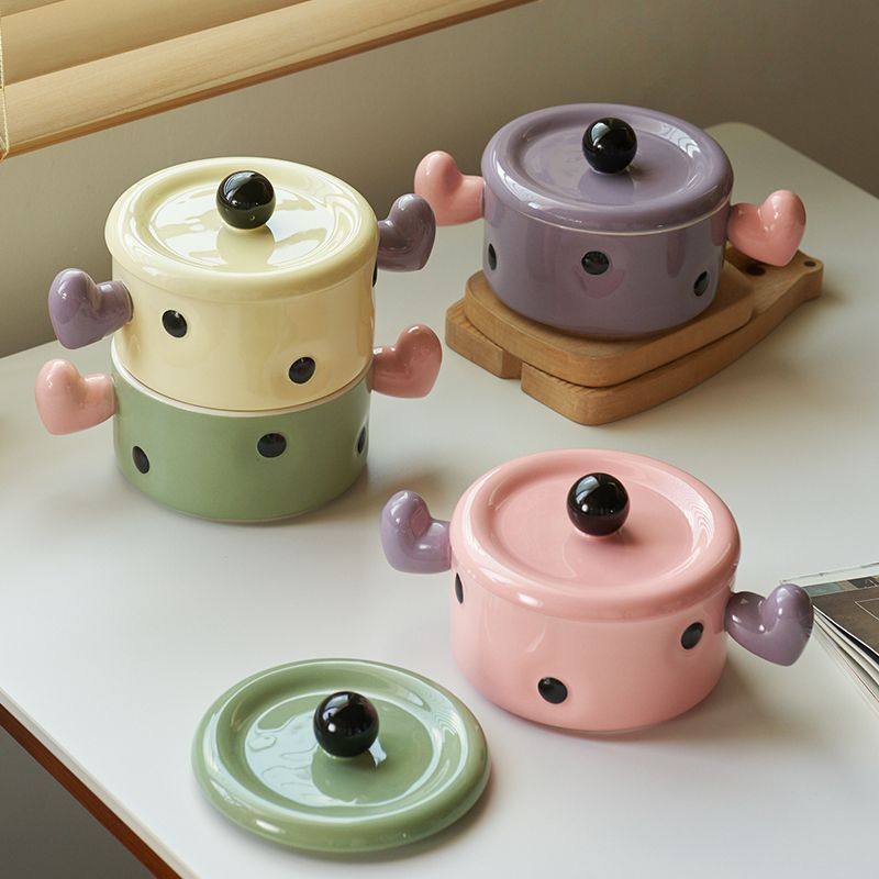 肆月家用陶瓷带盖双耳碗可爱专用高颜值卡通日式网红手柄碗带盖,餐饮具,碗,淘宝优惠券,粉丝福利购,淘宝优惠卷