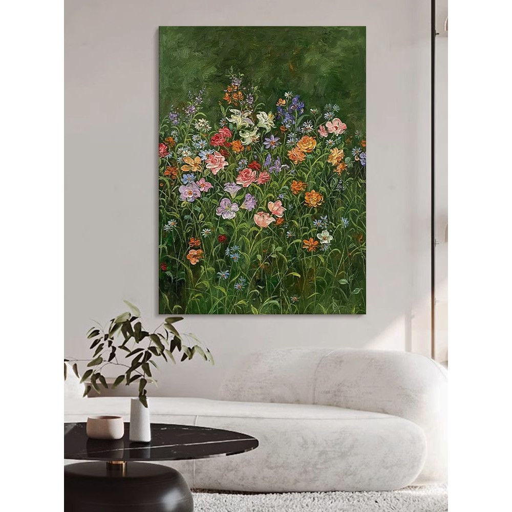 法式艺术绿色复古纯手绘油画植物花卉客厅餐厅装饰品玄关丙烯挂画图片