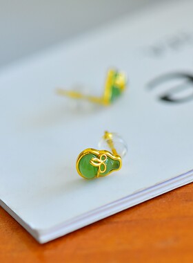 s925银镶和田碧玉葫芦蝴蝶结耳钉12439-2百搭气质款复古轻奢民族