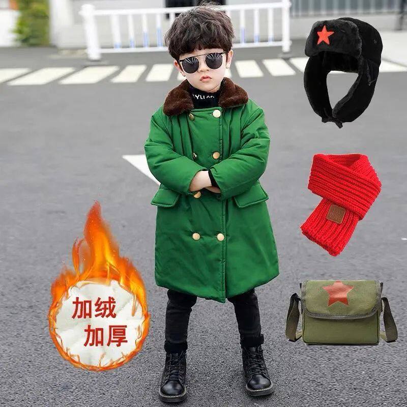 儿童大衣加棉加厚中长款保暖冬季军绿色男童外套复古棉衣加绒宝宝