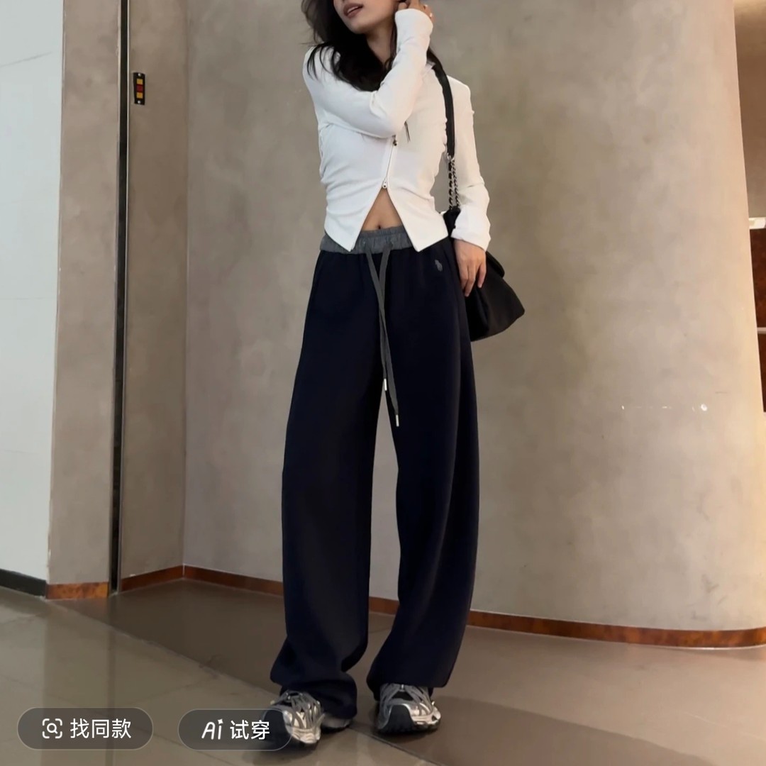 刺绣拼色高腰束脚两穿阔腿卫裤女一裤两穿拖地裤