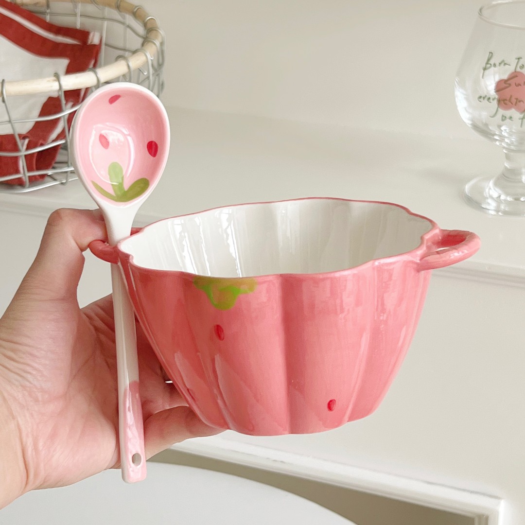 【2件套】高颜值草莓6英寸双耳碗带勺陶瓷家用碗可爱南瓜碗