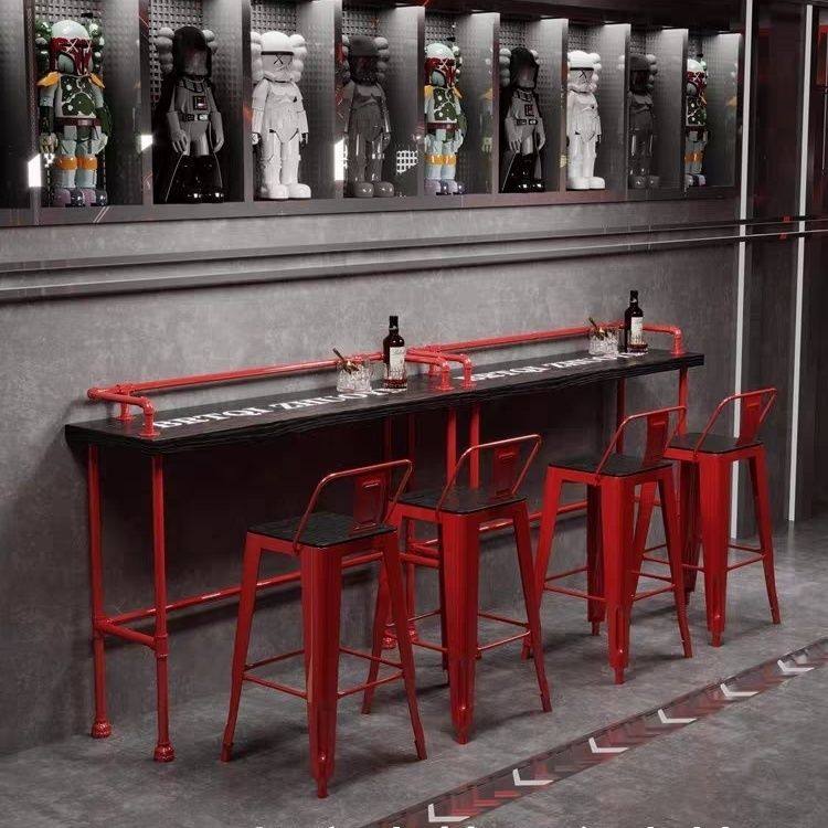 工业风彩色水管桌子实木吧台桌高脚凳酒吧奶茶店咖啡厅长条桌椅