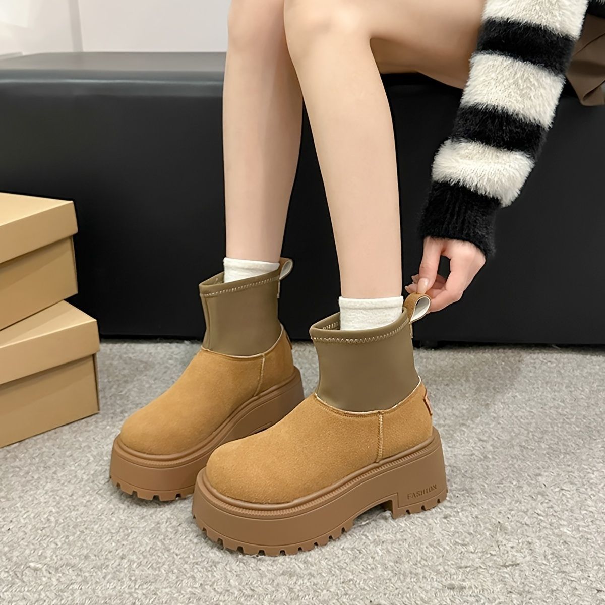 大头鞋2025新款百搭松糕厚底小个子短筒弹力瘦瘦靴 清仓