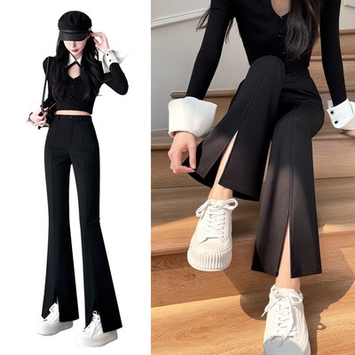 u 91喇叭裤女春秋2024新款高腰显瘦垂感修身黑色西装开叉微喇裤子
