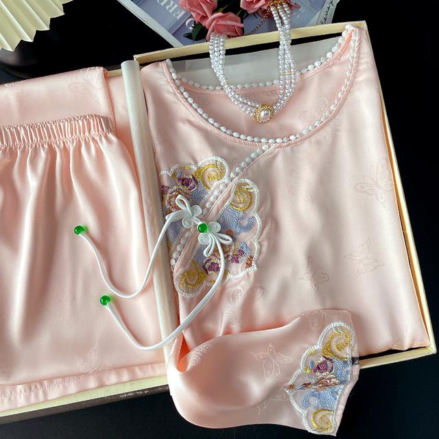 刺绣蝴蝶冰丝传统新中式国风睡衣套头春夏长袖女家居服夏季加大码