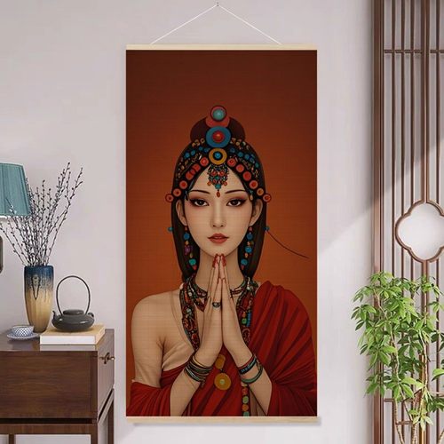 西藏少女竹帘画中式挂画客厅民宿玄关装饰画禅意茶室书房挂帘卷轴