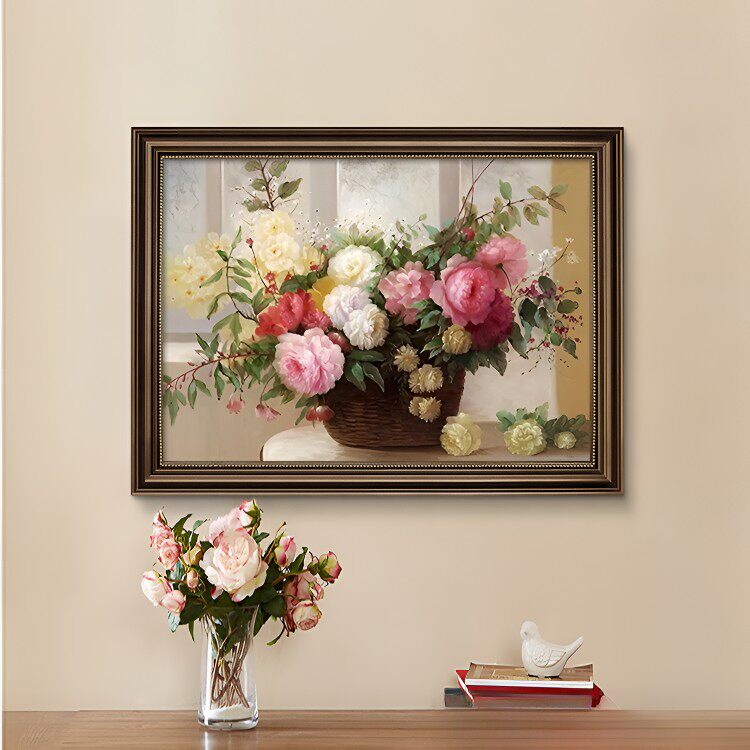 欧式花卉餐厅装饰画牡丹花油画客厅挂画餐厅高级感壁画卧室玄关