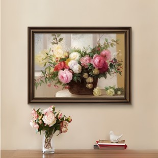 欧式花卉餐厅装饰画牡丹花油画客厅挂画餐厅高级感壁画卧室玄关